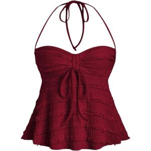 imageSOLY HUX Womens Peplum Halter Crop Tops Y2K Drawstring Tie Ruched Dressy Casual Spaghetti Strap Cami TopPure Burgundy