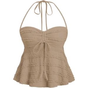 imageSOLY HUX Womens Peplum Halter Crop Tops Y2K Drawstring Tie Ruched Dressy Casual Spaghetti Strap Cami TopPure Khaki