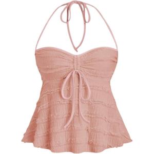 imageSOLY HUX Womens Peplum Halter Crop Tops Y2K Drawstring Tie Ruched Dressy Casual Spaghetti Strap Cami TopPure Pink