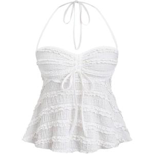 imageSOLY HUX Womens Peplum Halter Crop Tops Y2K Drawstring Tie Ruched Dressy Casual Spaghetti Strap Cami TopWhite