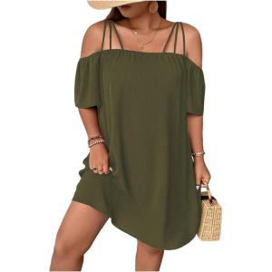 imageSOLY HUX Womens Plus Size Dresses Off Shoulder Short Sleeve Short Dresses Causal Loose Tunic Summer DressSolid Army Green