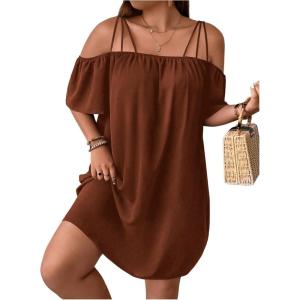 imageSOLY HUX Womens Plus Size Dresses Off Shoulder Short Sleeve Short Dresses Causal Loose Tunic Summer DressSolid Brown
