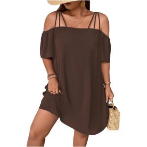 imageSOLY HUX Womens Plus Size Dresses Off Shoulder Short Sleeve Short Dresses Causal Loose Tunic Summer DressSolid Coffee Brown