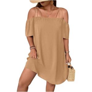 imageSOLY HUX Womens Plus Size Dresses Off Shoulder Short Sleeve Short Dresses Causal Loose Tunic Summer DressSolid Khaki