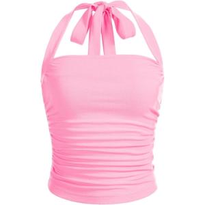 imageSOLY HUX Womens Ruched Halter Y2K Crop Tops Tie Back Sleeveless Slim Fit Cami TopsRose Pink