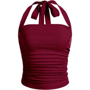 imageSOLY HUX Womens Ruched Halter Y2K Crop Tops Tie Back Sleeveless Slim Fit Cami TopsSolid Burgundy