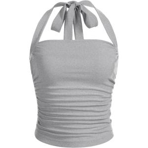 imageSOLY HUX Womens Ruched Halter Y2K Crop Tops Tie Back Sleeveless Slim Fit Cami TopsSolid Light Grey
