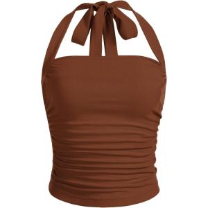 imageSOLY HUX Womens Ruched Halter Y2K Crop Tops Tie Back Sleeveless Slim Fit Cami TopsSolid Rust Brown
