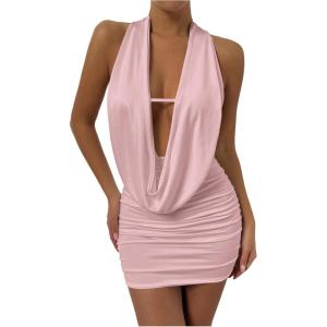 imageSOLY HUX Womens Sexy Deep V Neck Halter Bodycon Mini Dress Sleeveless Party Club DressesPlain Light Pink