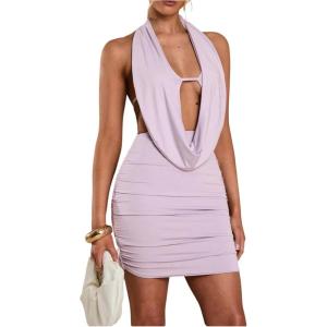 imageSOLY HUX Womens Sexy Deep V Neck Halter Bodycon Mini Dress Sleeveless Party Club DressesPlain Purple