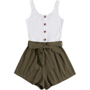 imageSOLY HUX Womens Summer Sleeveless Belted Tank Romper Short JumpsuitWhite Army Green