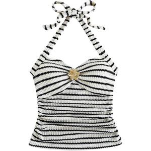imageSOLY HUX Womens V Neck Halter Tops Open Back Y2k Ruched Floral Metal Summer Going Out Cami TopsBlack and White