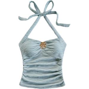 imageSOLY HUX Womens V Neck Halter Tops Open Back Y2k Ruched Floral Metal Summer Going Out Cami TopsLight Blue