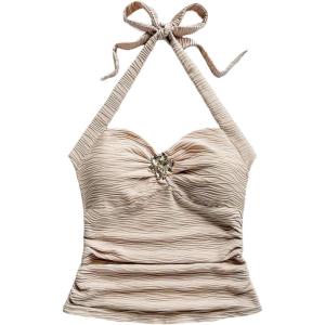imageSOLY HUX Womens V Neck Halter Tops Open Back Y2k Ruched Floral Metal Summer Going Out Cami TopsPlain Apricot