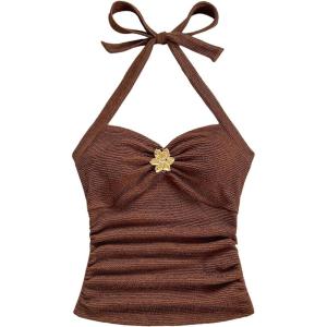 imageSOLY HUX Womens V Neck Halter Tops Open Back Y2k Ruched Floral Metal Summer Going Out Cami TopsPlain Brown