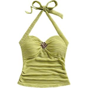 imageSOLY HUX Womens V Neck Halter Tops Open Back Y2k Ruched Floral Metal Summer Going Out Cami TopsPlain Green