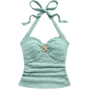 imageSOLY HUX Womens V Neck Halter Tops Open Back Y2k Ruched Floral Metal Summer Going Out Cami TopsPlain Light Blue