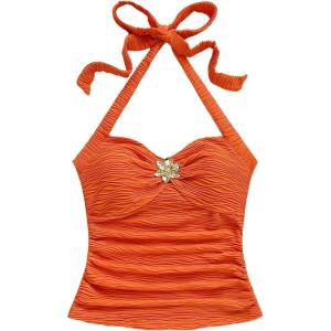 imageSOLY HUX Womens V Neck Halter Tops Open Back Y2k Ruched Floral Metal Summer Going Out Cami TopsPlain Orange