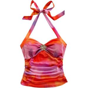 imageSOLY HUX Womens V Neck Halter Tops Open Back Y2k Ruched Floral Metal Summer Going Out Cami TopsRed Multi