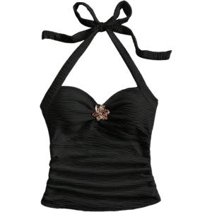 imageSOLY HUX Womens V Neck Halter Tops Open Back Y2k Ruched Floral Metal Summer Going Out Cami TopsSolid Black