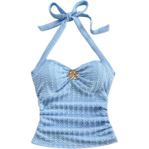 imageSOLY HUX Womens V Neck Halter Tops Open Back Y2k Ruched Floral Metal Summer Going Out Cami TopsSolid Blue