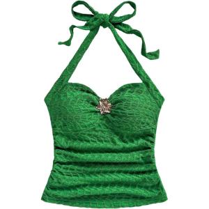 imageSOLY HUX Womens V Neck Halter Tops Open Back Y2k Ruched Floral Metal Summer Going Out Cami TopsSolid Green
