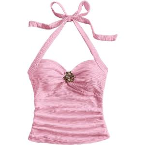 imageSOLY HUX Womens V Neck Halter Tops Open Back Y2k Ruched Floral Metal Summer Going Out Cami TopsSolid Pink
