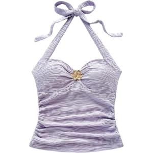 imageSOLY HUX Womens V Neck Halter Tops Open Back Y2k Ruched Floral Metal Summer Going Out Cami TopsSolid Purple