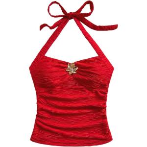 imageSOLY HUX Womens V Neck Halter Tops Open Back Y2k Ruched Floral Metal Summer Going Out Cami TopsSolid Red