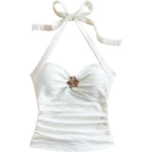imageSOLY HUX Womens V Neck Halter Tops Open Back Y2k Ruched Floral Metal Summer Going Out Cami TopsSolid White