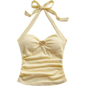 imageSOLY HUX Womens V Neck Halter Tops Open Back Y2k Ruched Floral Metal Summer Going Out Cami TopsSolid Yellow