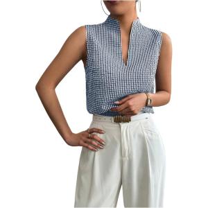 imageSOLY HUX Womens Work Outfits V Neck Sleeveless Blouses Summer Casual Tank Tops Business Office Dressy Striped ShirtsBlack Plaid