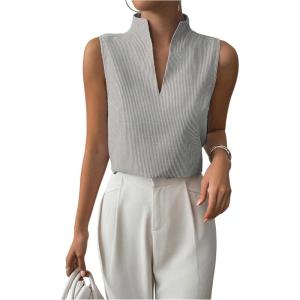 imageSOLY HUX Womens Work Outfits V Neck Sleeveless Blouses Summer Casual Tank Tops Business Office Dressy Striped ShirtsBlack and White