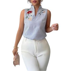imageSOLY HUX Womens Work Outfits V Neck Sleeveless Blouses Summer Casual Tank Tops Business Office Dressy Striped ShirtsBlue Floral