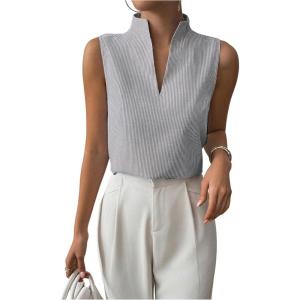 imageSOLY HUX Womens Work Outfits V Neck Sleeveless Blouses Summer Casual Tank Tops Business Office Dressy Striped ShirtsBlue White Striped
