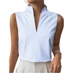 imageSOLY HUX Womens Work Outfits V Neck Sleeveless Blouses Summer Casual Tank Tops Business Office Dressy Striped ShirtsBlue and White