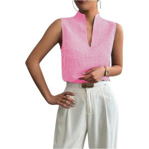 imageSOLY HUX Womens Work Outfits V Neck Sleeveless Blouses Summer Casual Tank Tops Business Office Dressy Striped ShirtsHot Pink Gingham