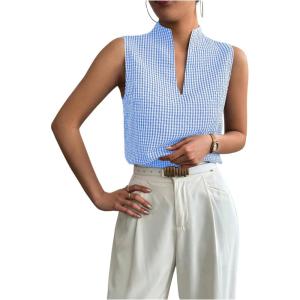 imageSOLY HUX Womens Work Outfits V Neck Sleeveless Blouses Summer Casual Tank Tops Business Office Dressy Striped ShirtsLight Blue Gingham