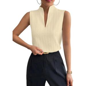 imageSOLY HUX Womens Work Outfits V Neck Sleeveless Blouses Summer Casual Tank Tops Business Office Dressy Striped ShirtsSolid Yellow