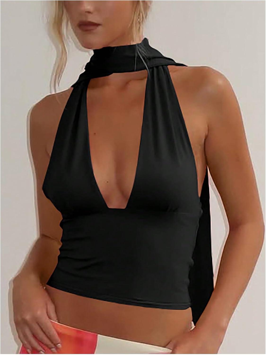 imageSOLY HUX Sexy Tops for Women Going Out Halter Scarf Crop Top Deep V Sleeveless Backless Vest Party ClubwearPlain Black
