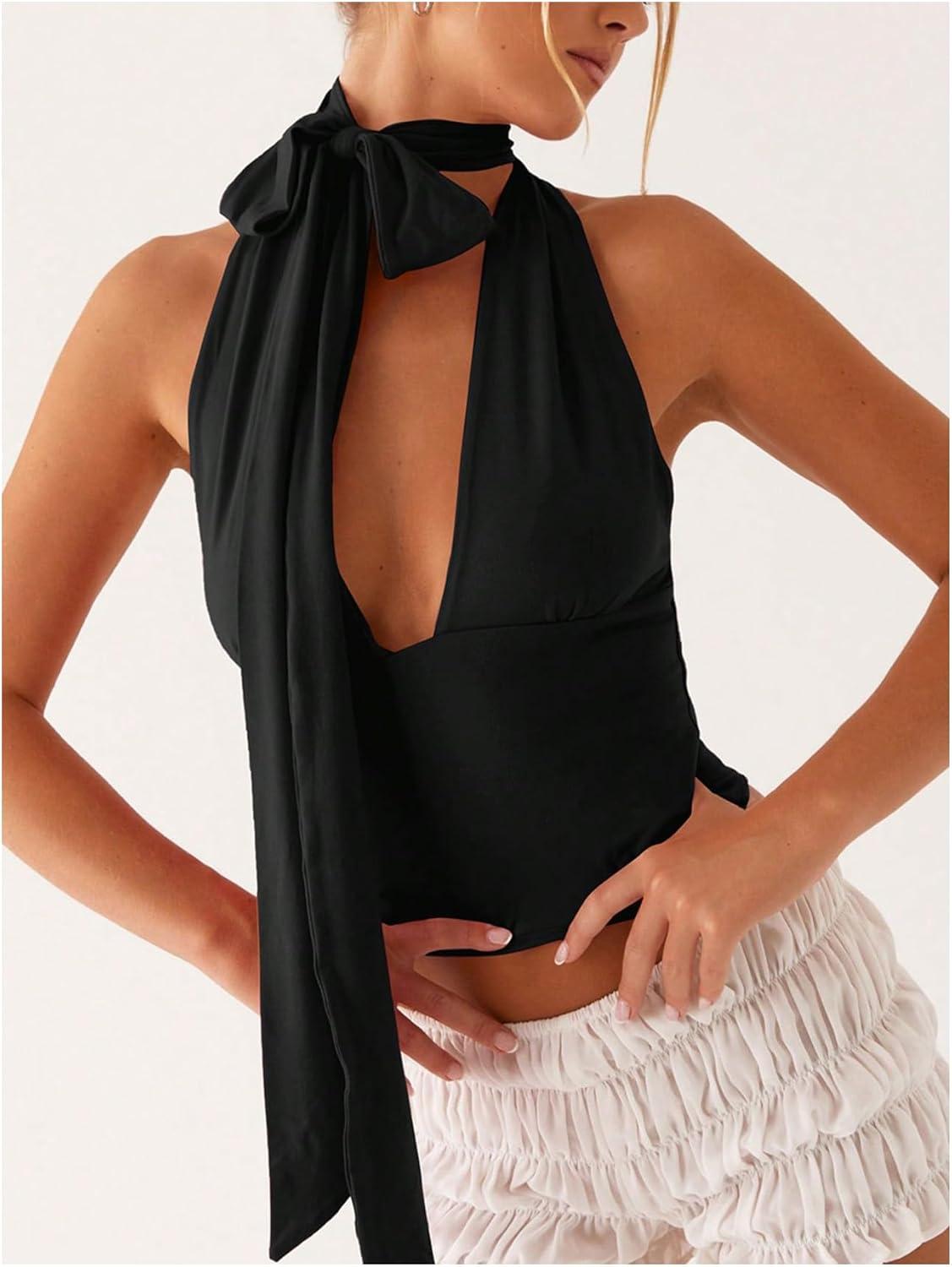 imageSOLY HUX Sexy Tops for Women Going Out Halter Scarf Crop Top Deep V Sleeveless Backless Vest Party ClubwearPlain Black