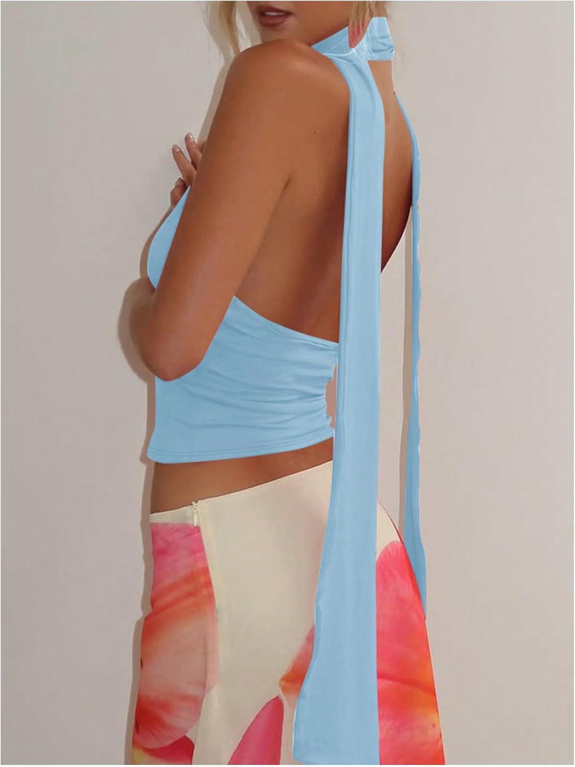imageSOLY HUX Sexy Tops for Women Going Out Halter Scarf Crop Top Deep V Sleeveless Backless Vest Party ClubwearPlain Blue