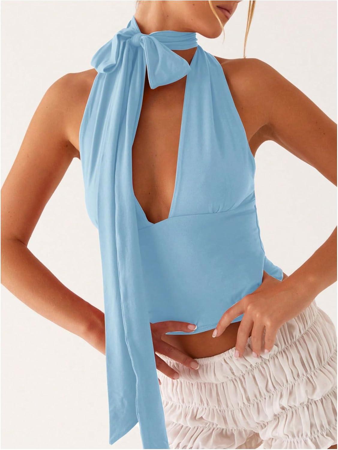 imageSOLY HUX Sexy Tops for Women Going Out Halter Scarf Crop Top Deep V Sleeveless Backless Vest Party ClubwearPlain Blue