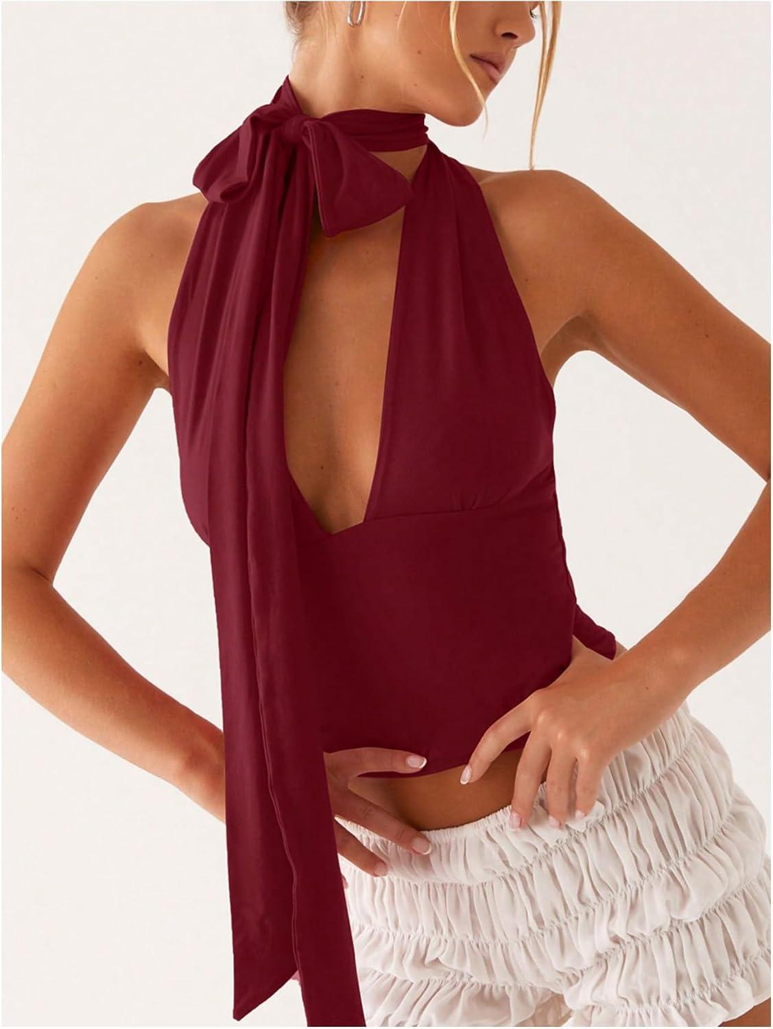 imageSOLY HUX Sexy Tops for Women Going Out Halter Scarf Crop Top Deep V Sleeveless Backless Vest Party ClubwearPlain Burgundy