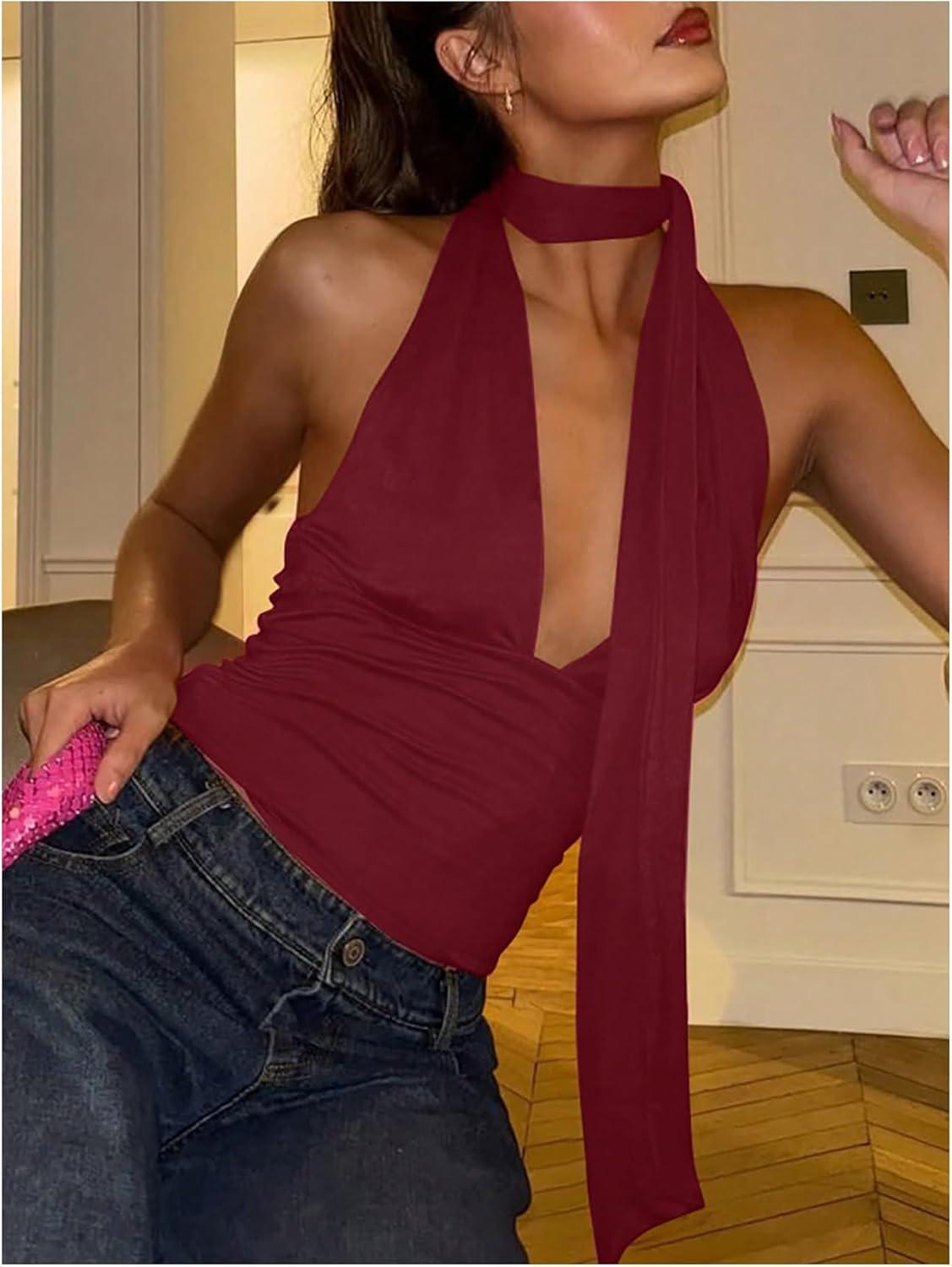 imageSOLY HUX Sexy Tops for Women Going Out Halter Scarf Crop Top Deep V Sleeveless Backless Vest Party ClubwearPlain Burgundy