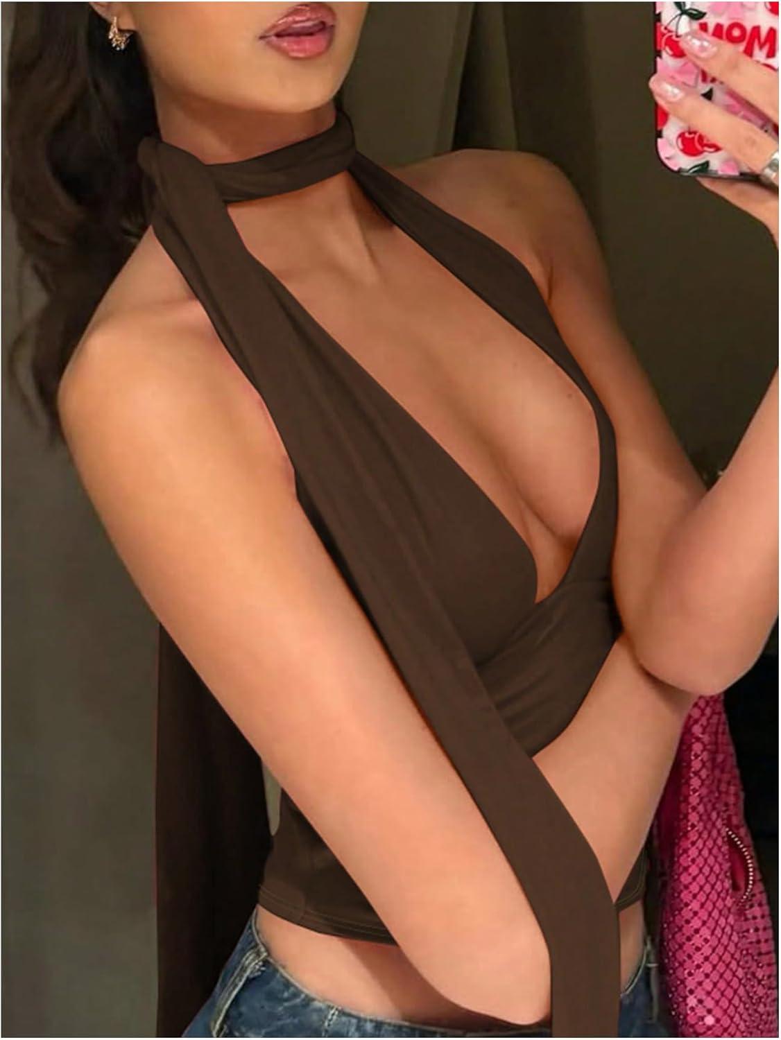 imageSOLY HUX Sexy Tops for Women Going Out Halter Scarf Crop Top Deep V Sleeveless Backless Vest Party ClubwearPlain Coffee Brown
