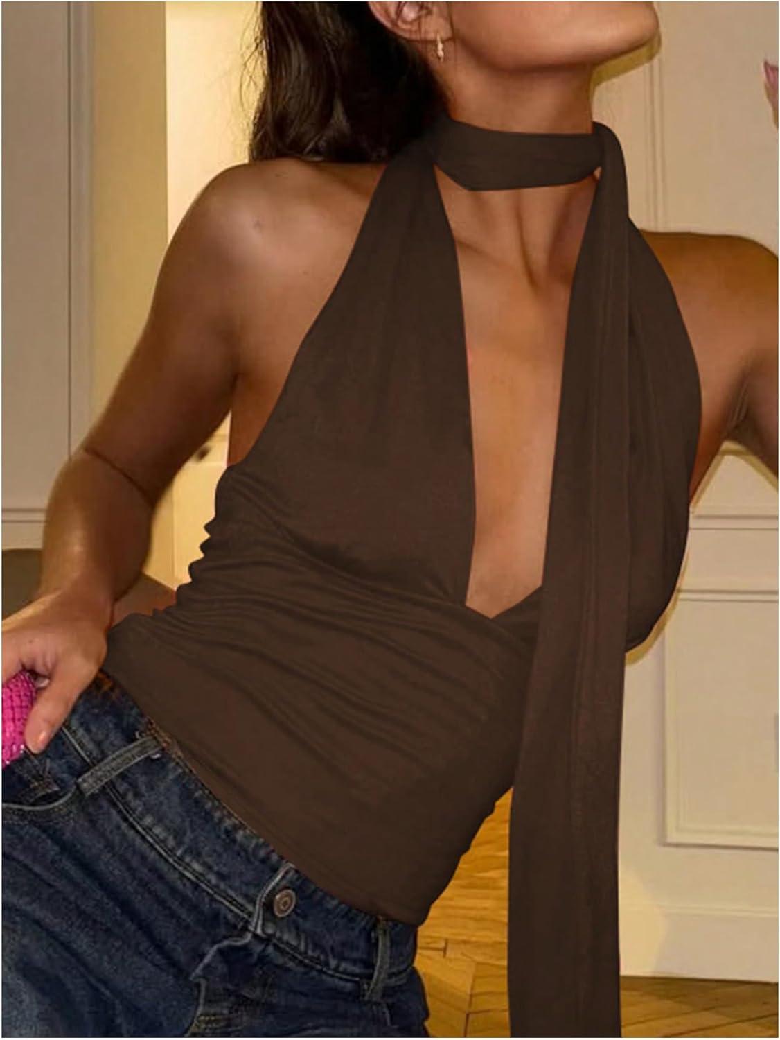 imageSOLY HUX Sexy Tops for Women Going Out Halter Scarf Crop Top Deep V Sleeveless Backless Vest Party ClubwearPlain Coffee Brown