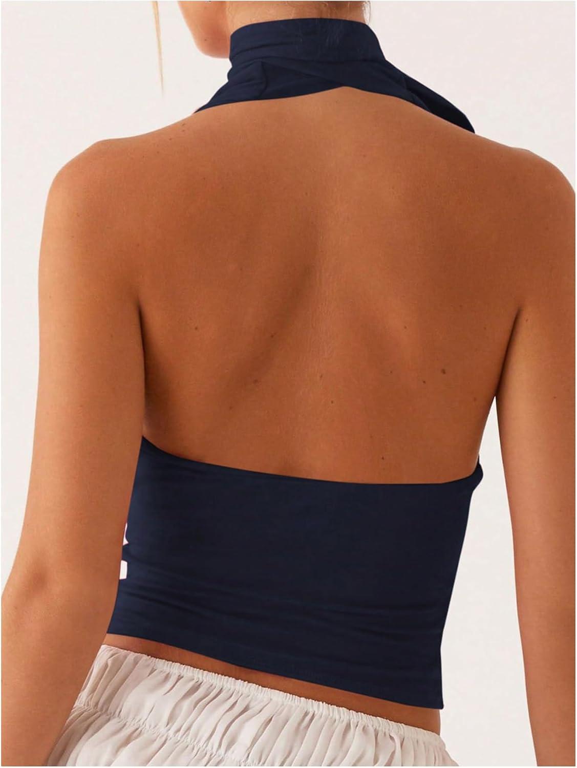imageSOLY HUX Sexy Tops for Women Going Out Halter Scarf Crop Top Deep V Sleeveless Backless Vest Party ClubwearPlain Dark Blue