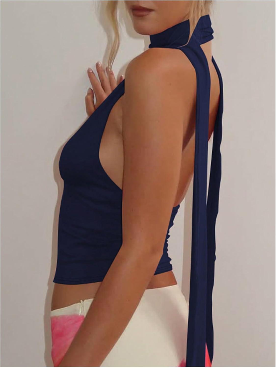 imageSOLY HUX Sexy Tops for Women Going Out Halter Scarf Crop Top Deep V Sleeveless Backless Vest Party ClubwearPlain Dark Blue