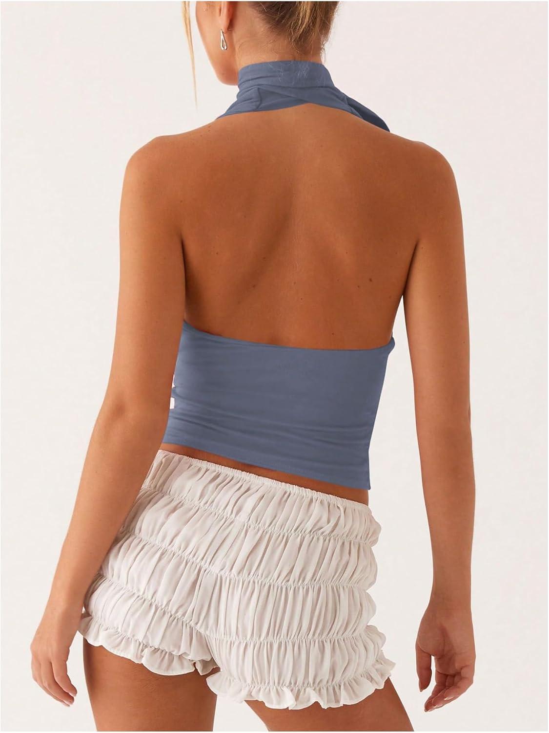 imageSOLY HUX Sexy Tops for Women Going Out Halter Scarf Crop Top Deep V Sleeveless Backless Vest Party ClubwearPlain Dusty Blue